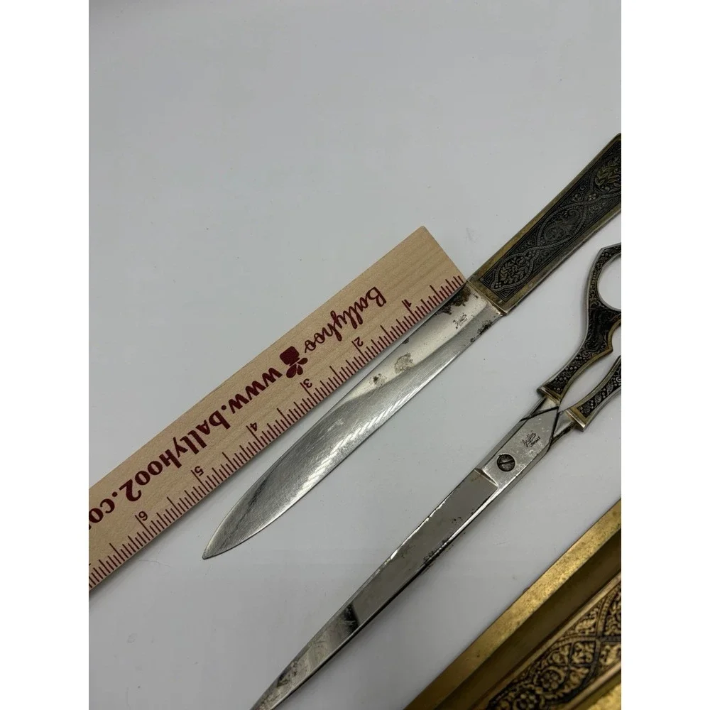 Vintage Griffon Germany Metal Scissors Letter Opener Desk Set Engraved Victorian